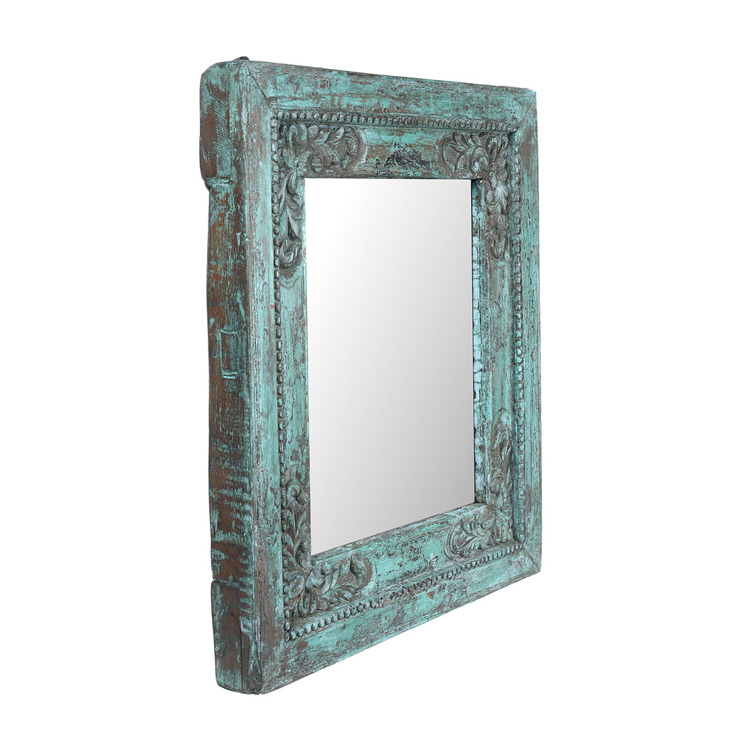 Depth View Of Square 19th Century Green Painted Teak Mirror With Hand Carved Floral Frame From India | Indigo Antiques