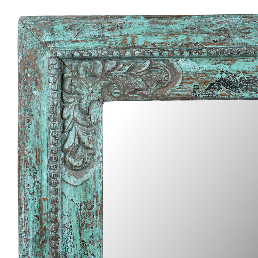 Corner Detail From Square 19th Century Green Painted Teak Mirror With Hand Carved Floral Frame From India | Indigo Antiques