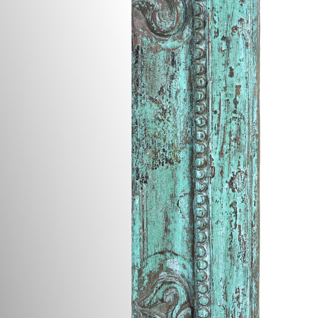 Frame Detail From Square 19th Century Green Painted Teak Mirror With Hand Carved Floral Frame From India | Indigo Antiques