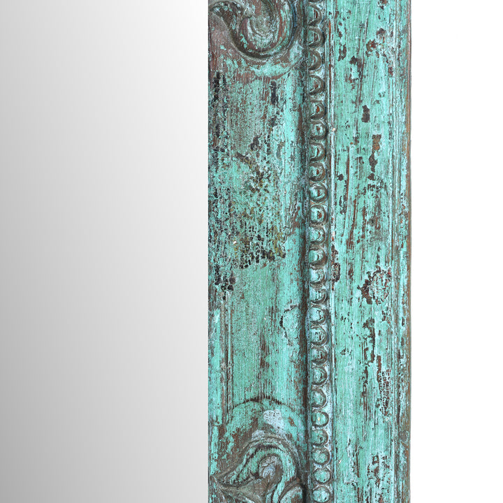 Frame Detail From Square 19th Century Green Painted Teak Mirror With Hand Carved Floral Frame From India | Indigo Antiques