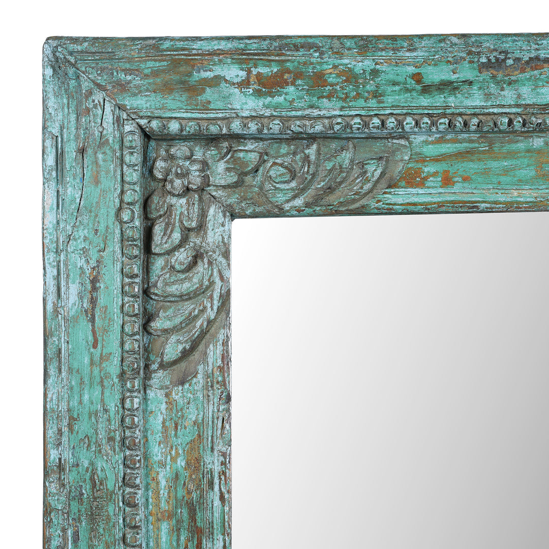 Corner Detail From Rectangular 19th Century Green Painted Teak Mirror With Hand Carved Floral Frame From India | Indigo Antiques