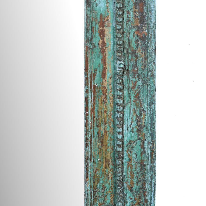 Frame Detail From Rectangular 19th Century Green Painted Teak Mirror With Hand Carved Floral Frame From India | Indigo Antiques