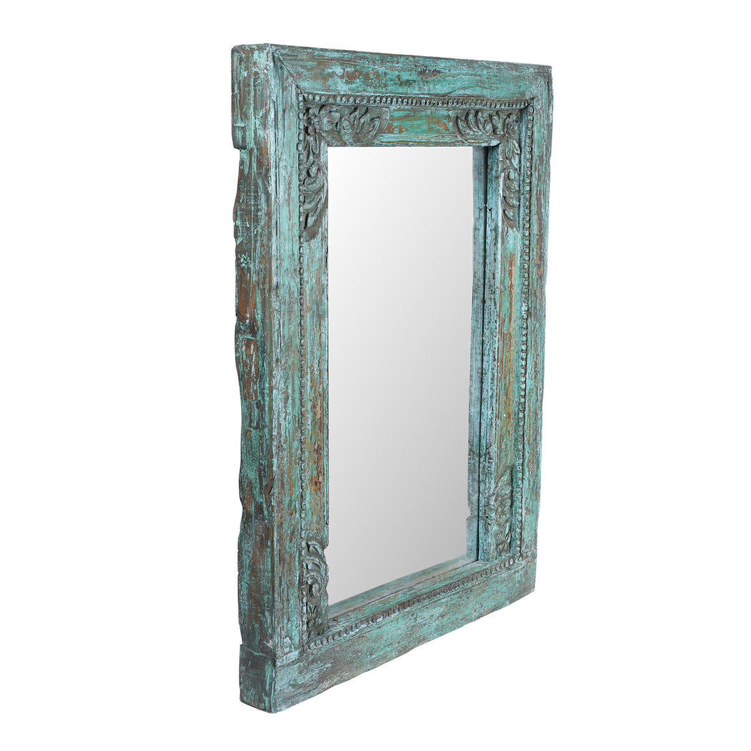 Depth View Of Rectangular 19th Century Green Painted Teak Mirror With Hand Carved Floral Frame From India | Indigo Antiques