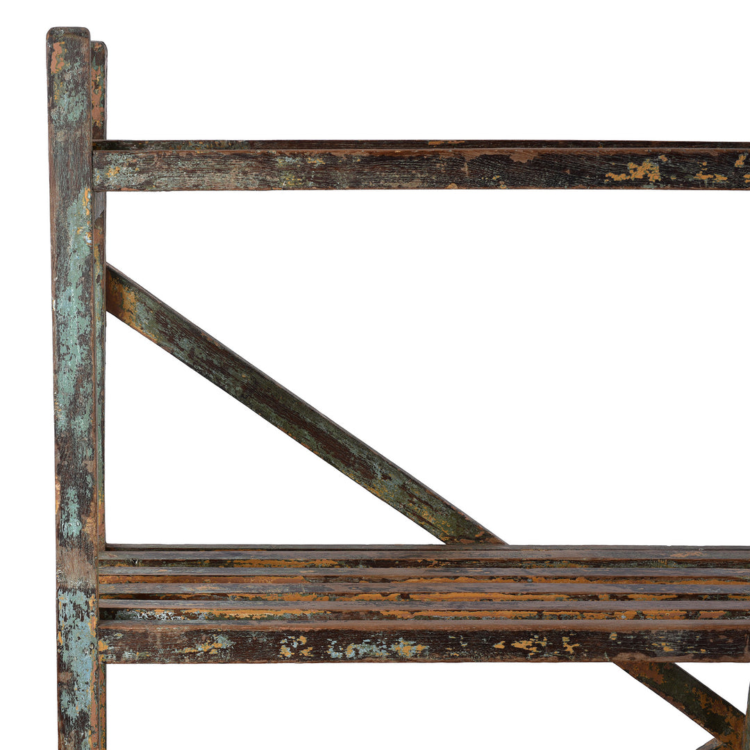 Corner Detail From Angled View Of Vintage Painted Indian Teak Shelf | Indigo Antiques