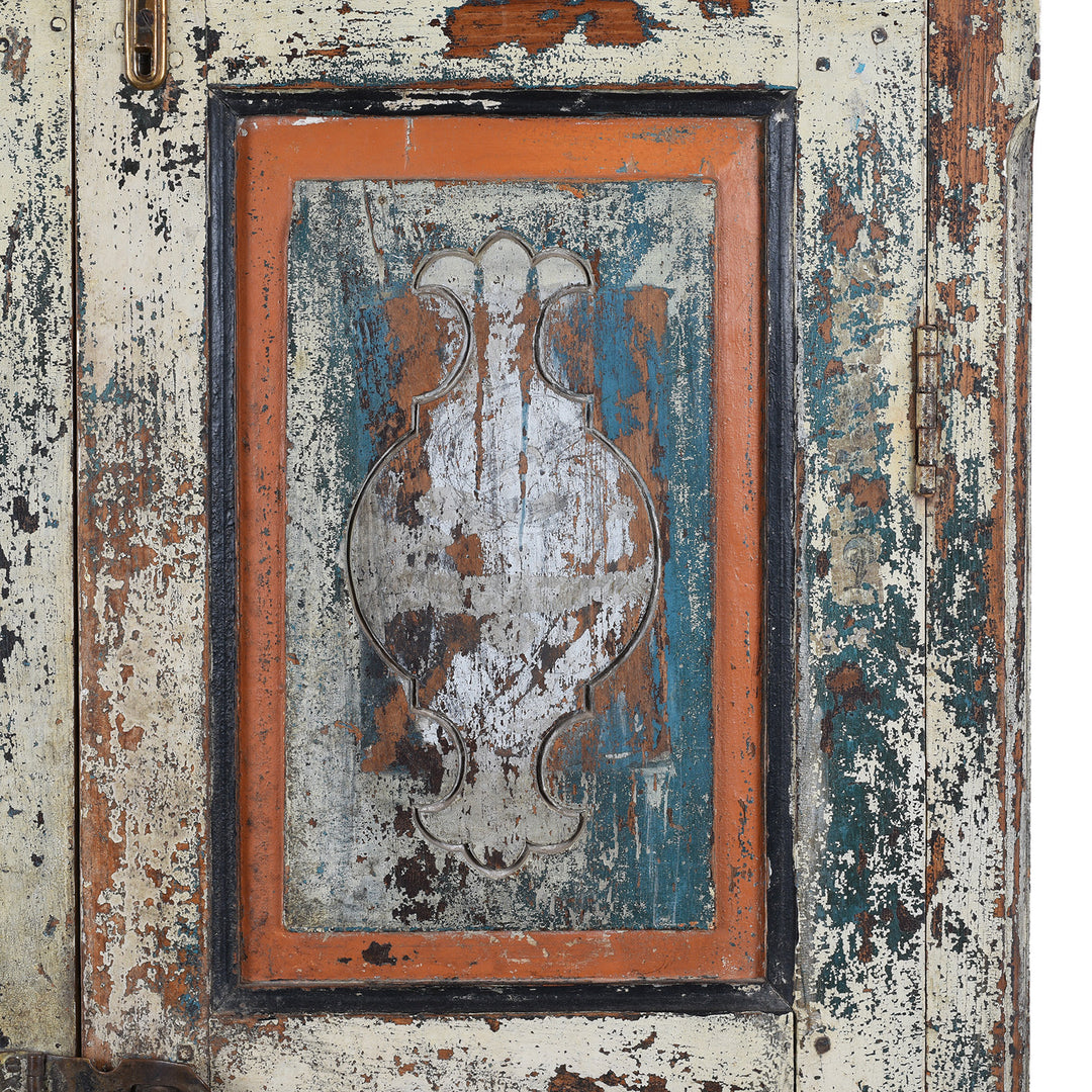 Panel Detail From Painted 19th Century Indian Almirah Cabinet With Distressed Cream Blue And Terracotta Finish Carved Frieze Three Shelves And Two Drawers | Indigo Antiques