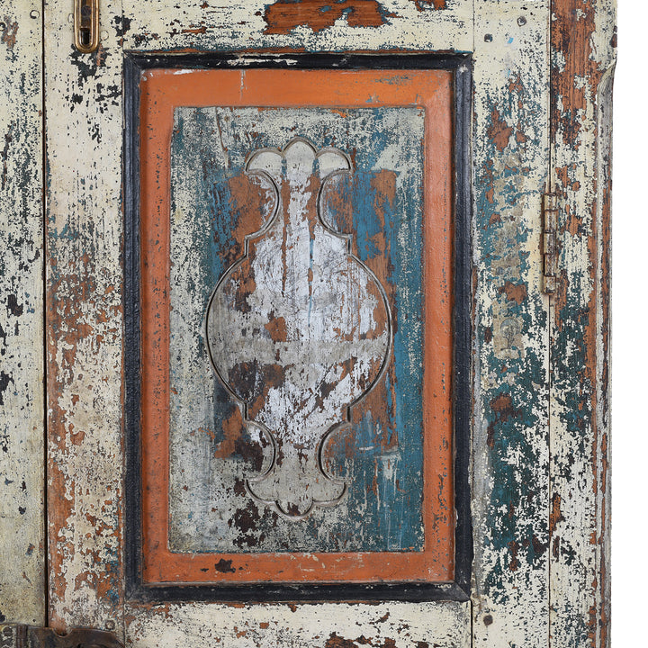 Panel Detail From Painted 19th Century Indian Almirah Cabinet With Distressed Cream Blue And Terracotta Finish Carved Frieze Three Shelves And Two Drawers | Indigo Antiques