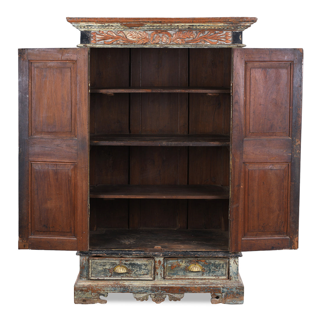 Interior Of Painted 19th Century Indian Almirah Cabinet With Distressed Cream Blue And Terracotta Finish Carved Frieze Three Shelves And Two Drawers | Indigo Antiques