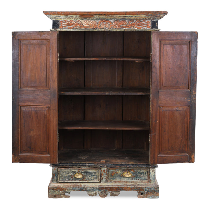 Interior Of Painted 19th Century Indian Almirah Cabinet With Distressed Cream Blue And Terracotta Finish Carved Frieze Three Shelves And Two Drawers | Indigo Antiques