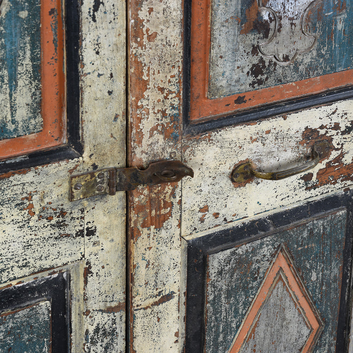 Latch Detail From Painted 19th Century Indian Almirah Cabinet With Distressed Cream Blue And Terracotta Finish Carved Frieze Three Shelves And Two Drawers | Indigo Antiques