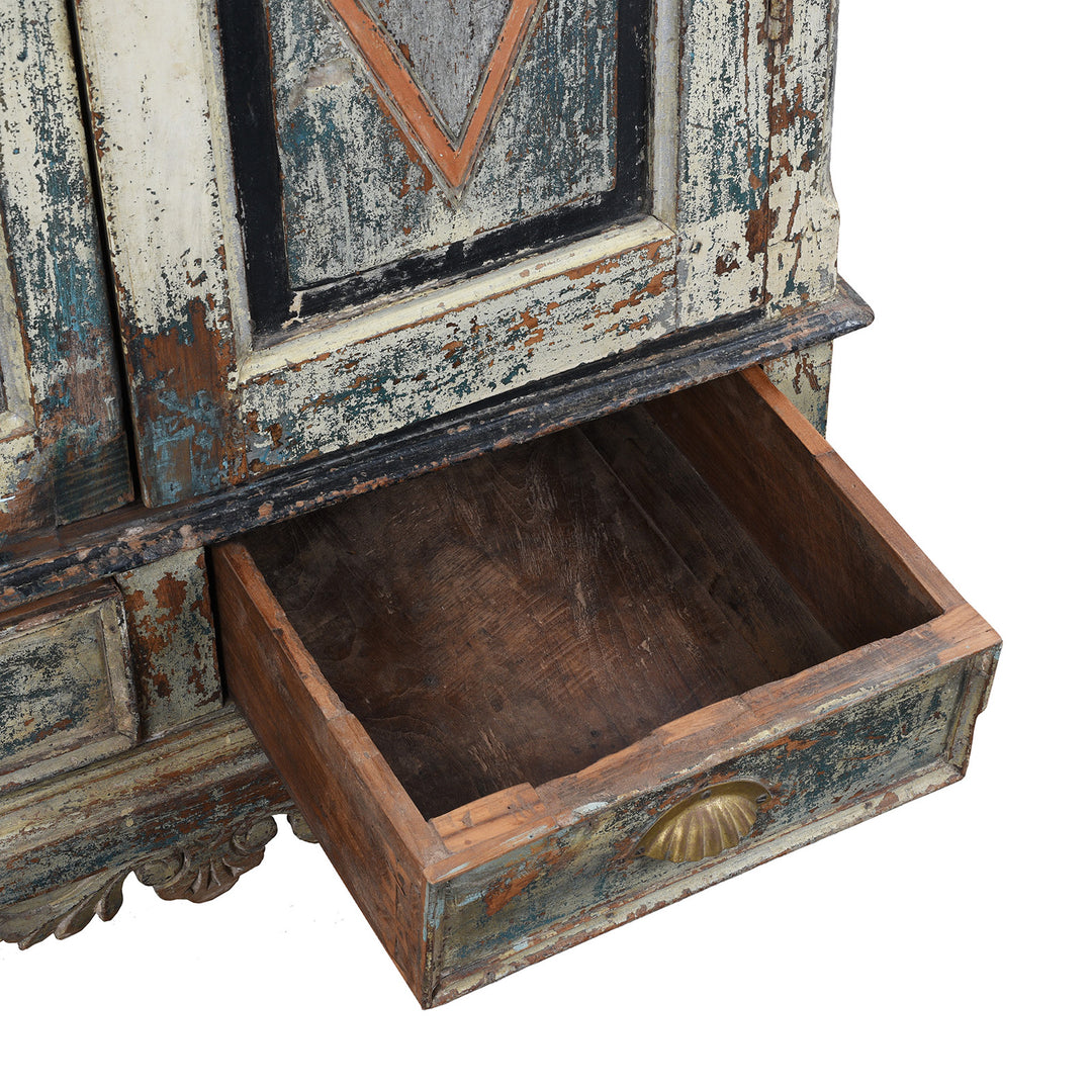 Drawer Detail From Painted 19th Century Indian Almirah Cabinet With Distressed Cream Blue And Terracotta Finish Carved Frieze Three Shelves And Two Drawers | Indigo Antiques