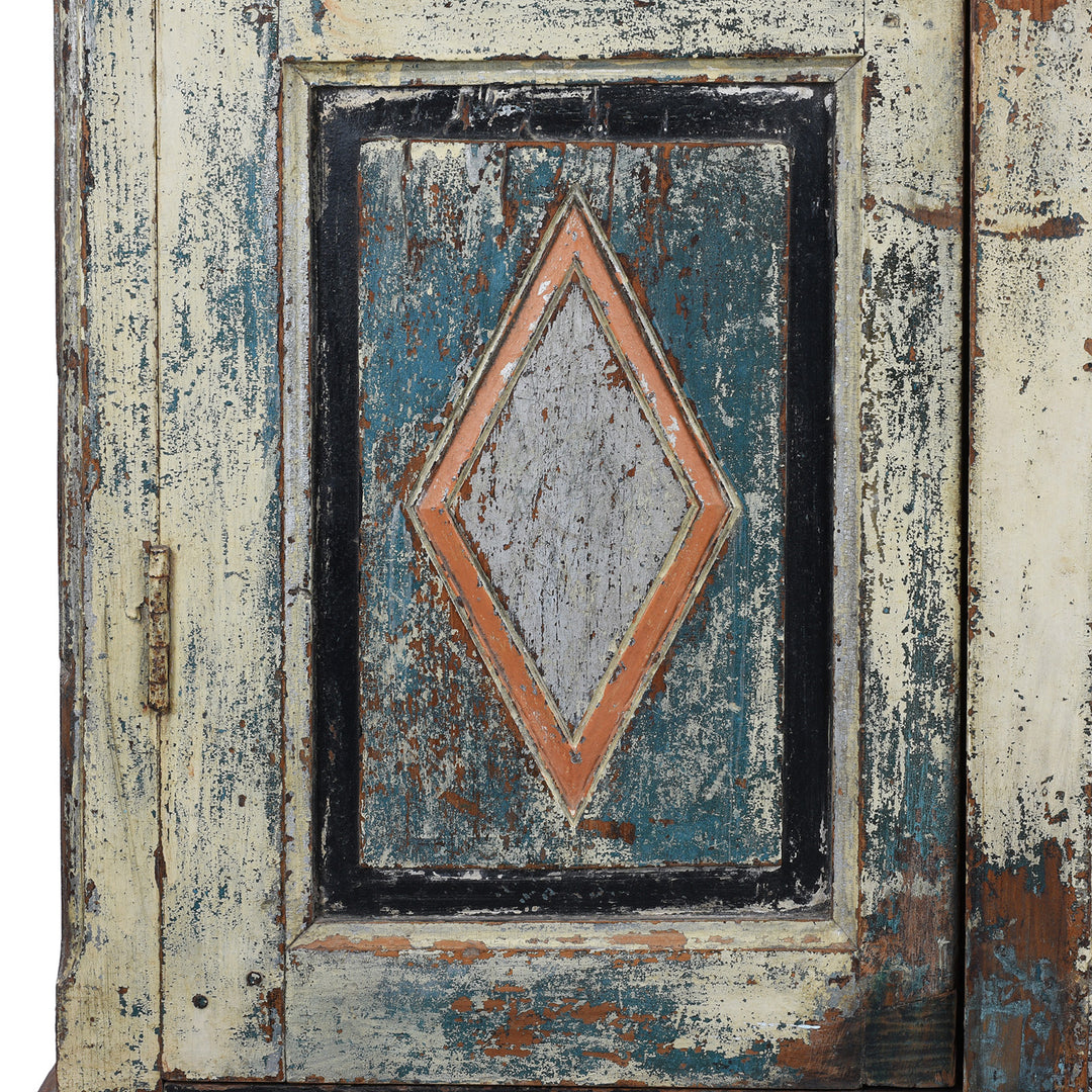 Panel Detail From Painted 19th Century Indian Almirah Cabinet With Distressed Cream Blue And Terracotta Finish Carved Frieze Three Shelves And Two Drawers | Indigo Antiques