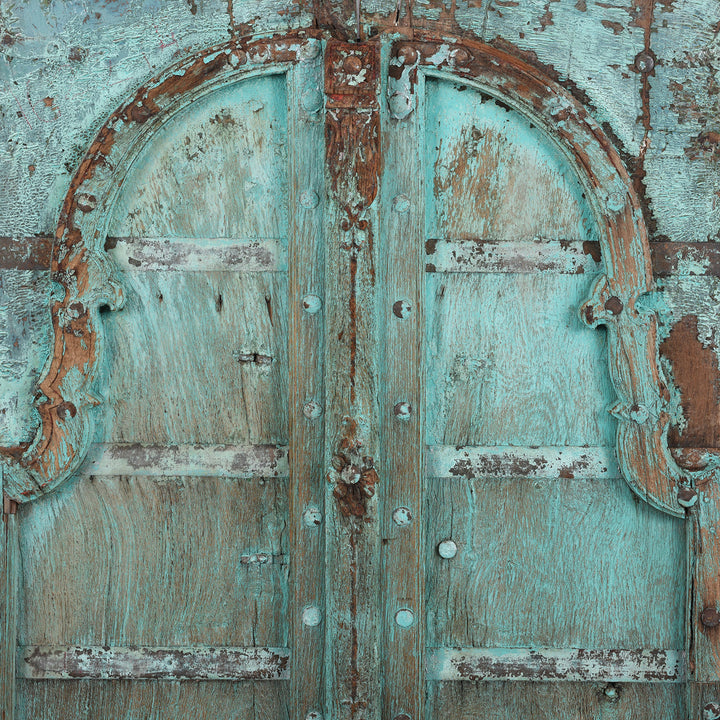 Arch Detail From Carved Teak Rajasthani Window Shutters With Mughal Arch And Distressed Turquoise Painted Finish | Indigo Antiques