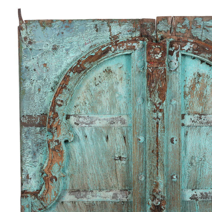 Corner Detail From Carved Teak Rajasthani Window Shutters With Mughal Arch And Distressed Turquoise Painted Finish | Indigo Antiques