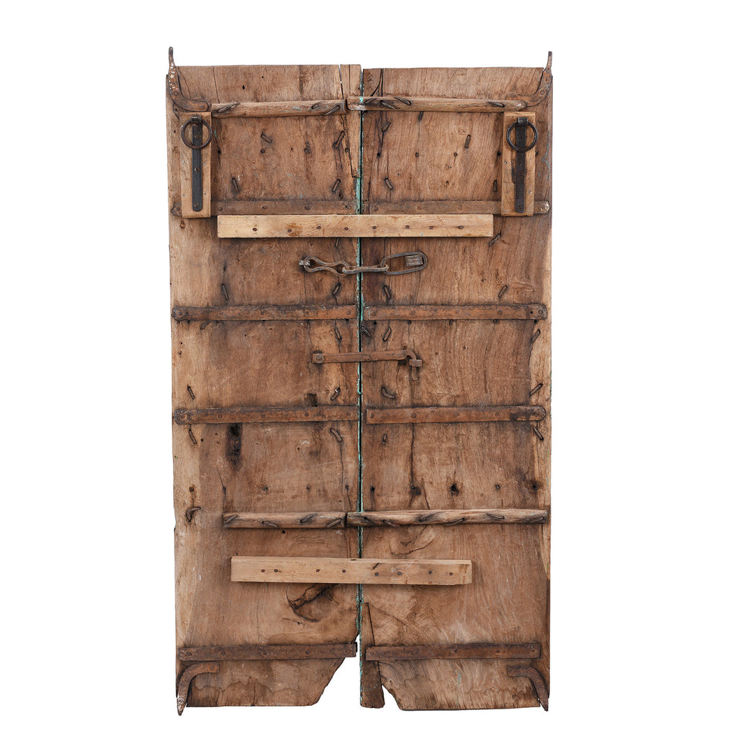 Back Of Carved Teak Rajasthani Window Shutters With Mughal Arch And Distressed Turquoise Painted Finish | Indigo Antiques