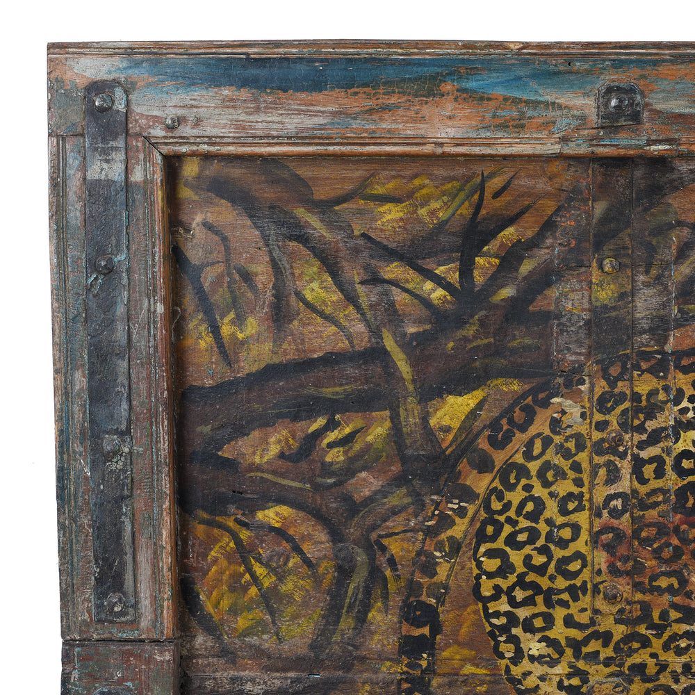 Corner Detail From Painted Leopard Panel On An Old Teak Door | Indigo Antiques