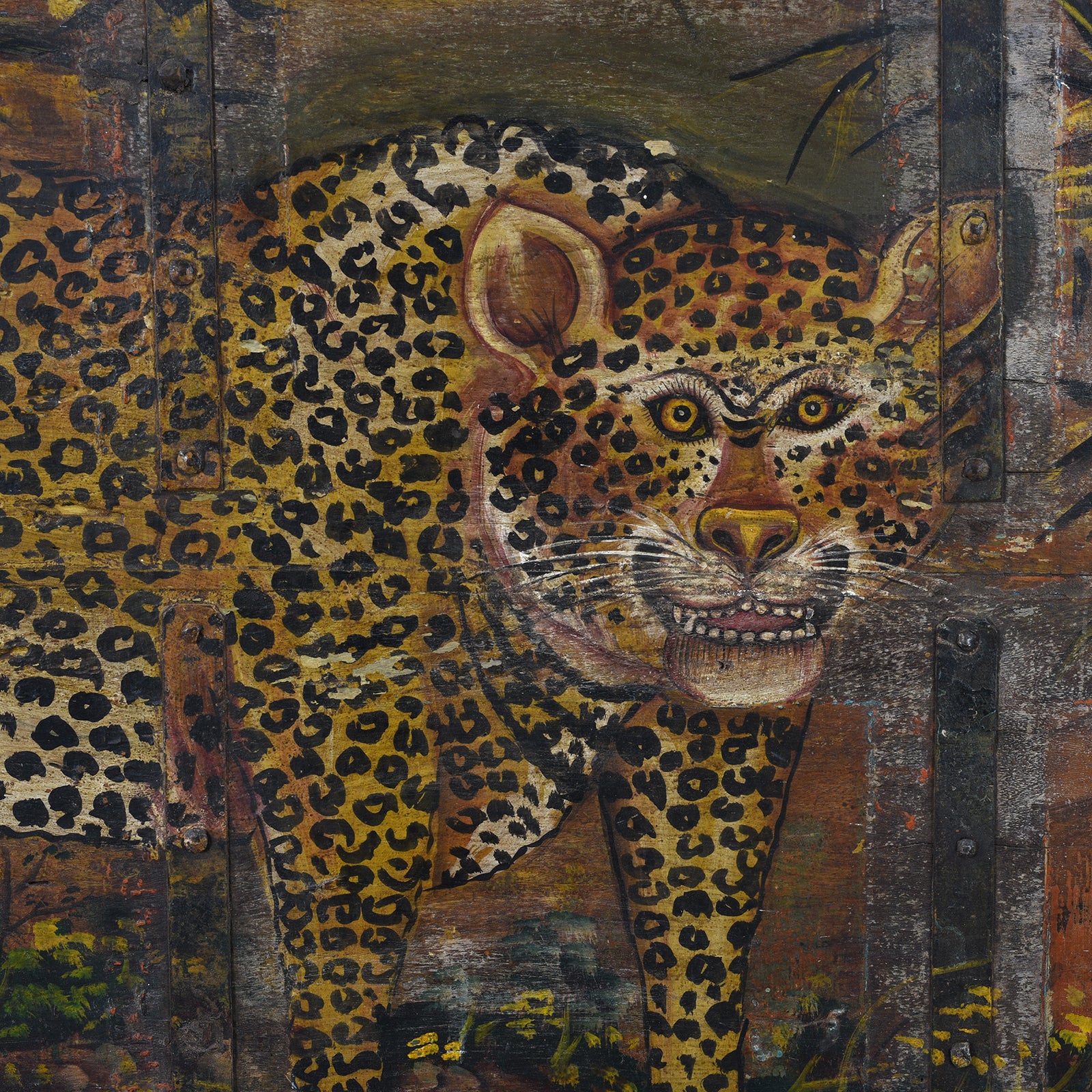 Leopard Detail From Painted Leopard Panel On An Old Teak Door | Indigo Antiques