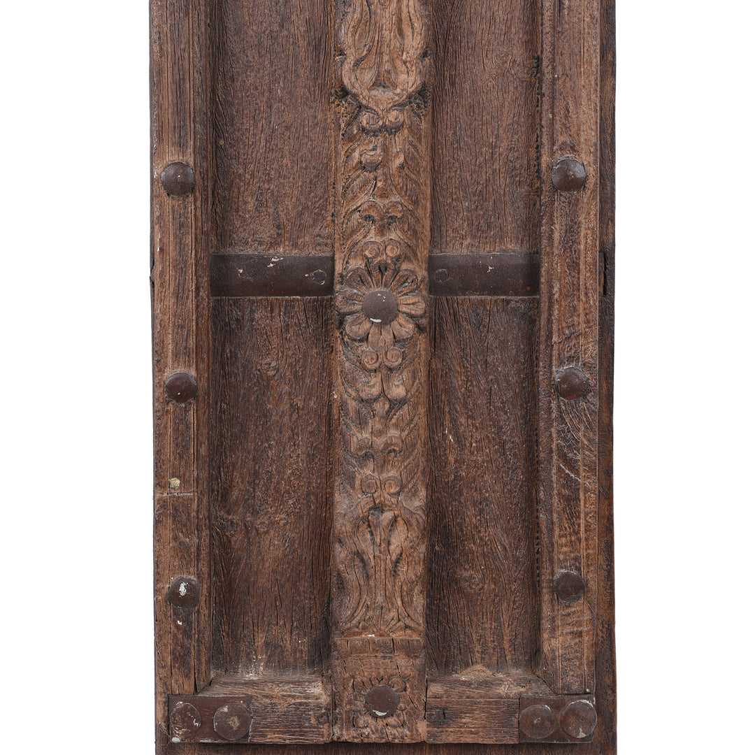 Carving Detail From 19th Century Teak Window Shutter From Bikaner With Hand Carved Mughal Arch Detail And Aged Patina