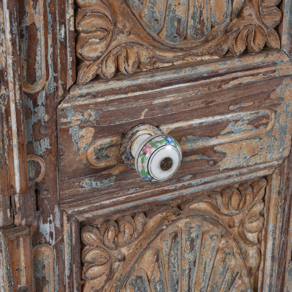 Handle Detail From Antique Indian Painted Teak Cabinet Front