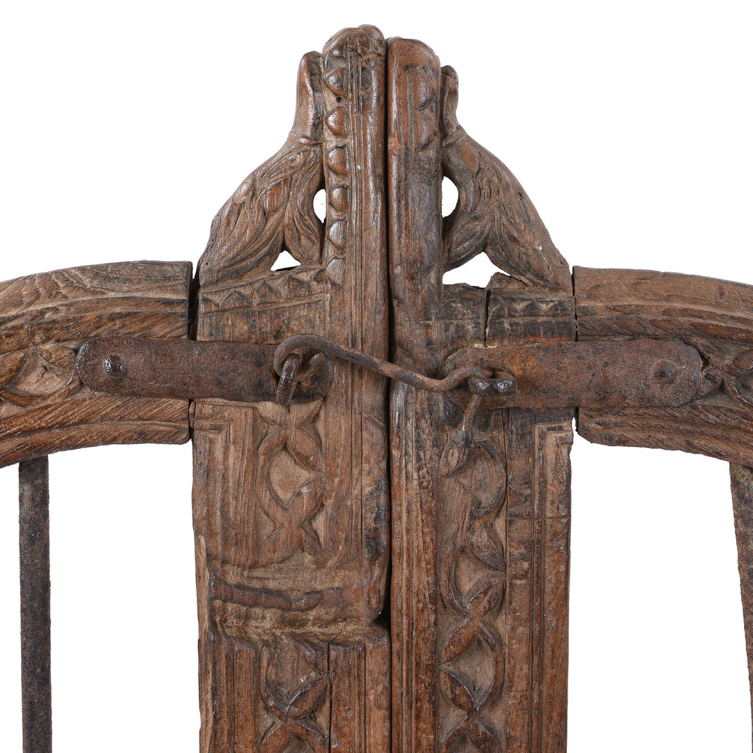 Cantral Carving Detail From 19th Century Carved Teak Haveli Dog Gate From Gujarat With Iron Bars And Floral Detailing