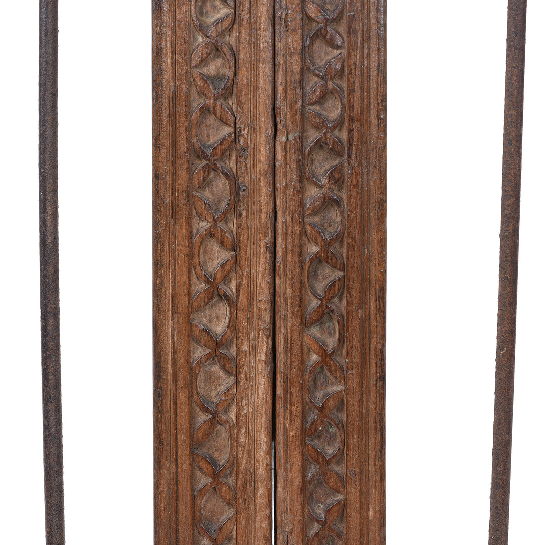 Carving Detail From 19th Century Carved Teak Haveli Dog Gate From Gujarat With Iron Bars And Floral Detailing