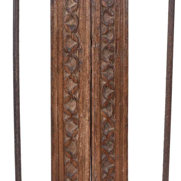 Carving Detail From 19th Century Carved Teak Haveli Dog Gate From Gujarat With Iron Bars And Floral Detailing