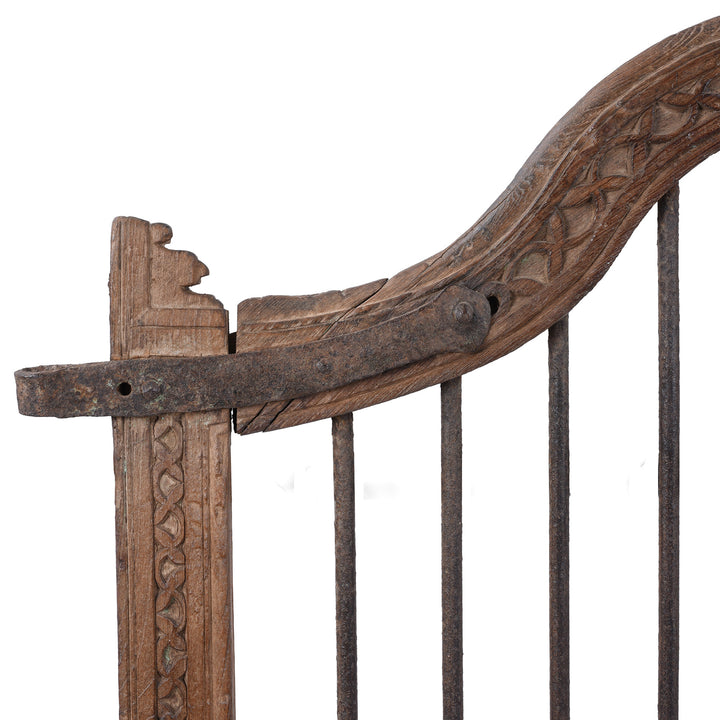 Corner Detail From 19th Century Carved Teak Haveli Dog Gate From Gujarat With Iron Bars And Floral Detailing