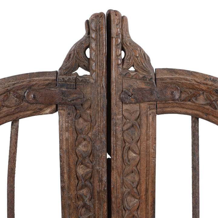 Central Carving Detail From 19th Century Carved Teak Haveli Dog Gate From Gujarat With Iron Bars And Floral Detailing