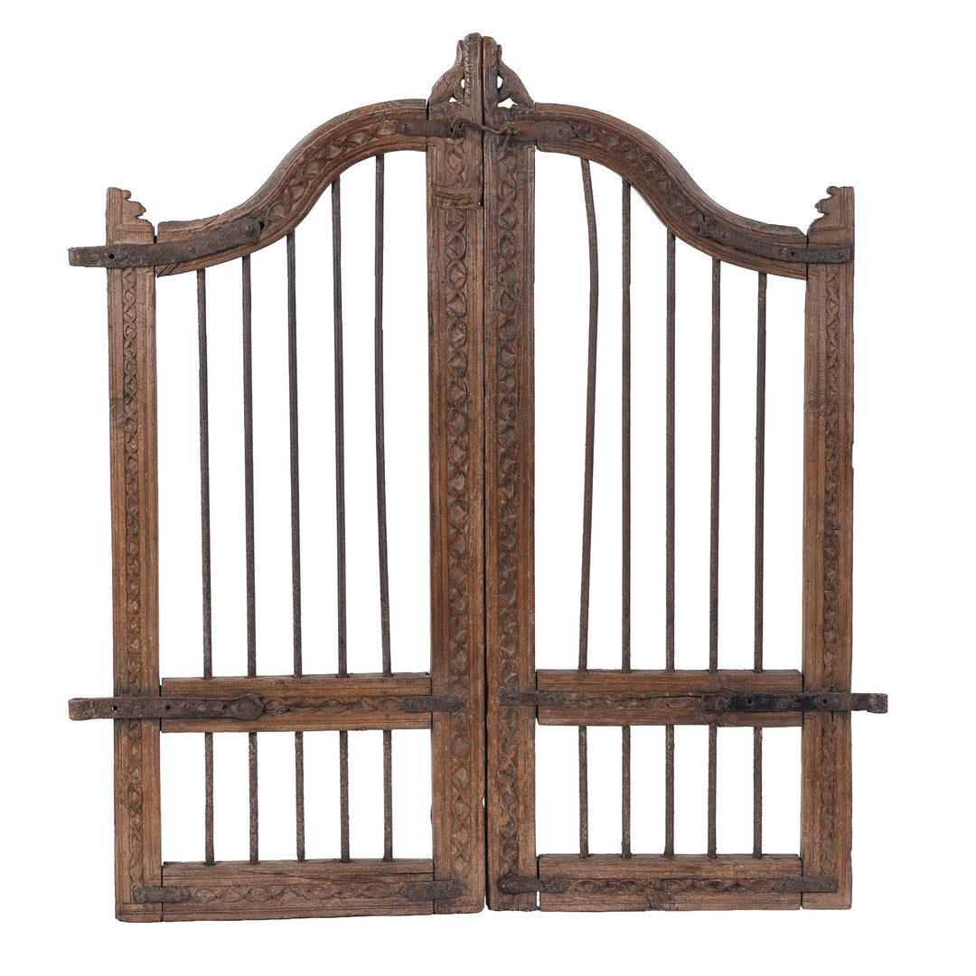 19th Century Carved Teak Haveli Dog Gate From Gujarat With Iron Bars And Floral Detailing