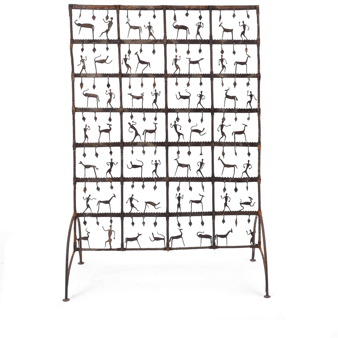 Freestanding Bastar Iron Toran With Stylised Figures And Animals On Forged Stand