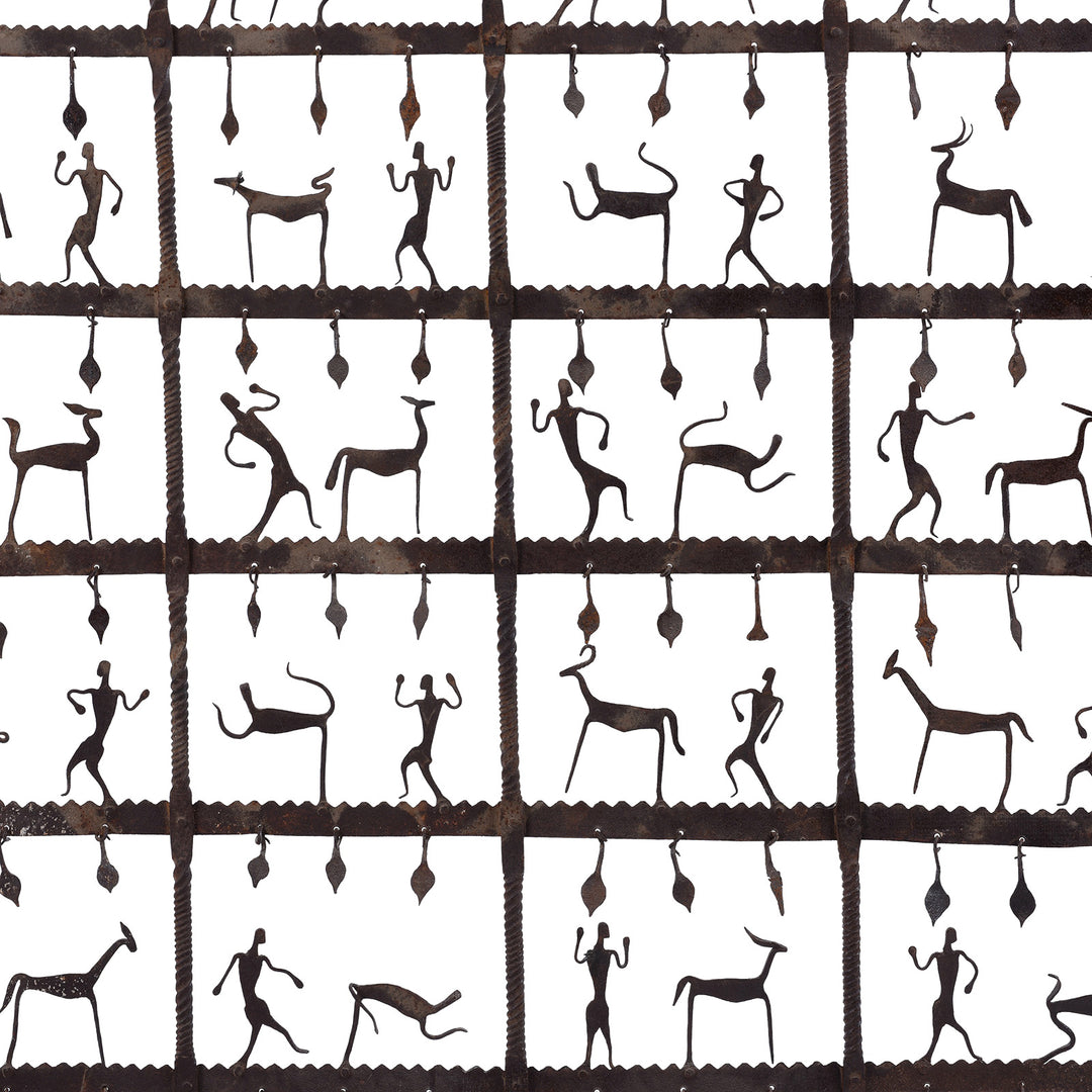 Detail From Freestanding Bastar Iron Toran With Stylised Figures And Animals On Forged Stand