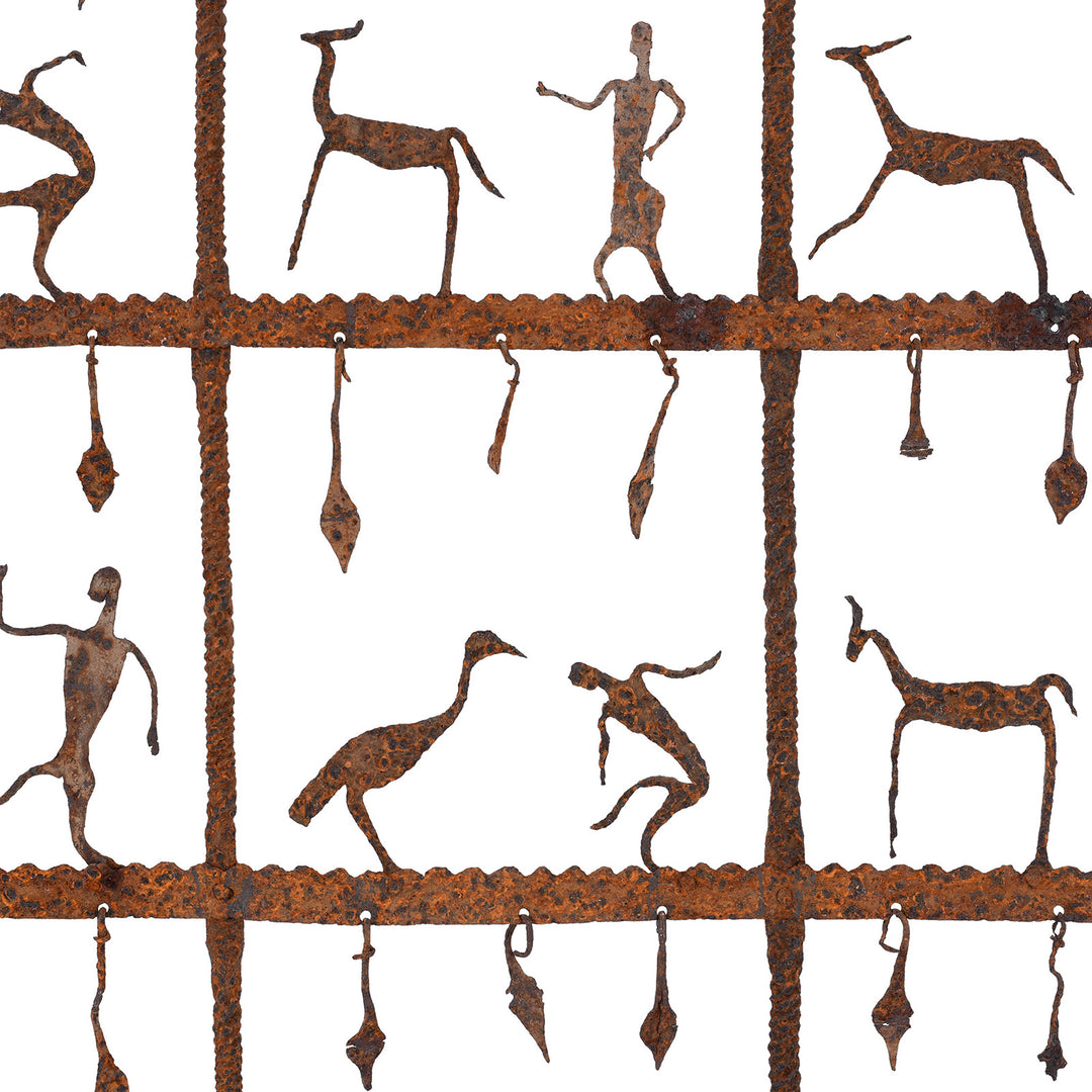 Detail From Mid 20th Century Bastar Iron Toran With Stylised Figures And Hanging Pendants For Wall Mounting Or Leaning Display