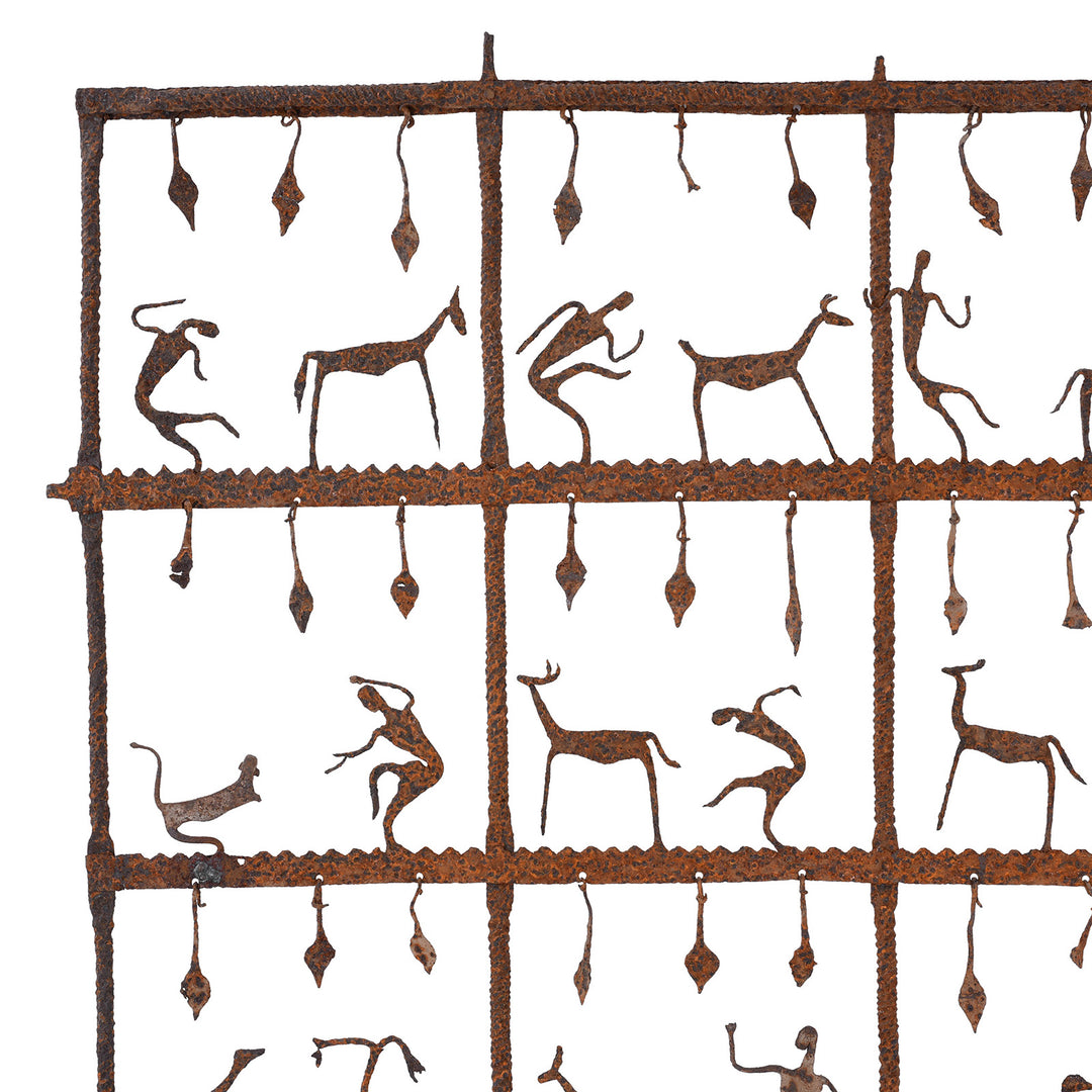 Corner Detail From Mid 20th Century Bastar Iron Toran With Stylised Figures And Hanging Pendants For Wall Mounting Or Leaning Display