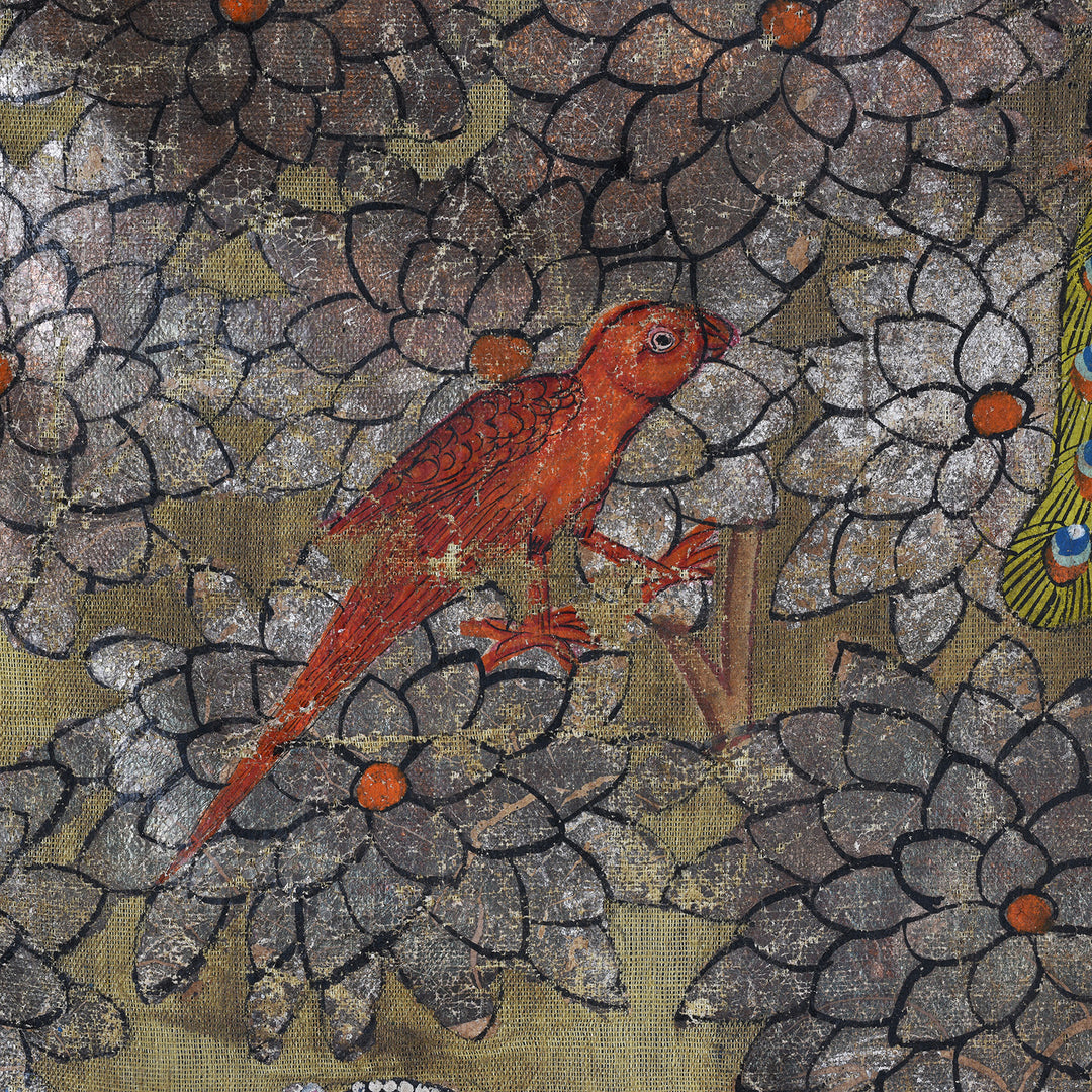 Parrot Detail From Pichwai Painting Krishna With Gopis Polychrome Gold And Silver Leaf Deccan 1980s