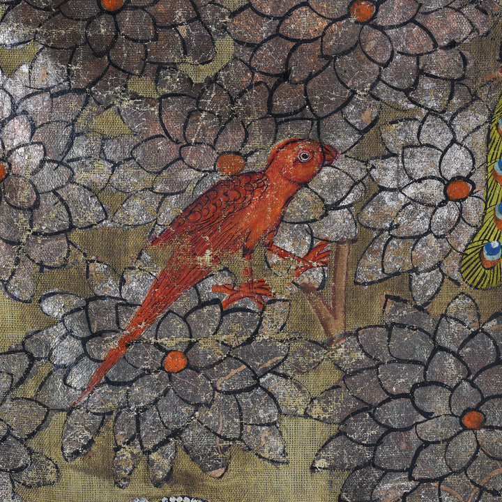 Parrot Detail From Pichwai Painting Krishna With Gopis Polychrome Gold And Silver Leaf Deccan 1980s