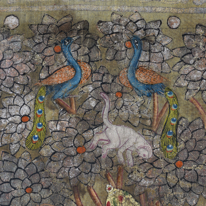 Peacock And Monkey Detail From Pichwai Painting Krishna With Gopis Polychrome Gold And Silver Leaf Deccan 1980s