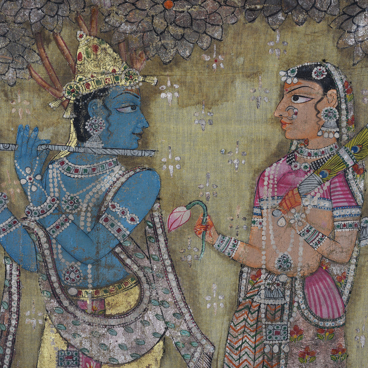 Detail From Pichwai Painting Krishna With Gopis Polychrome Gold And Silver Leaf Deccan 1980s