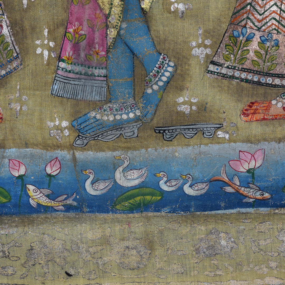 Water Scene Detail From Pichwai Painting Krishna With Gopis Polychrome Gold And Silver Leaf Deccan 1980s