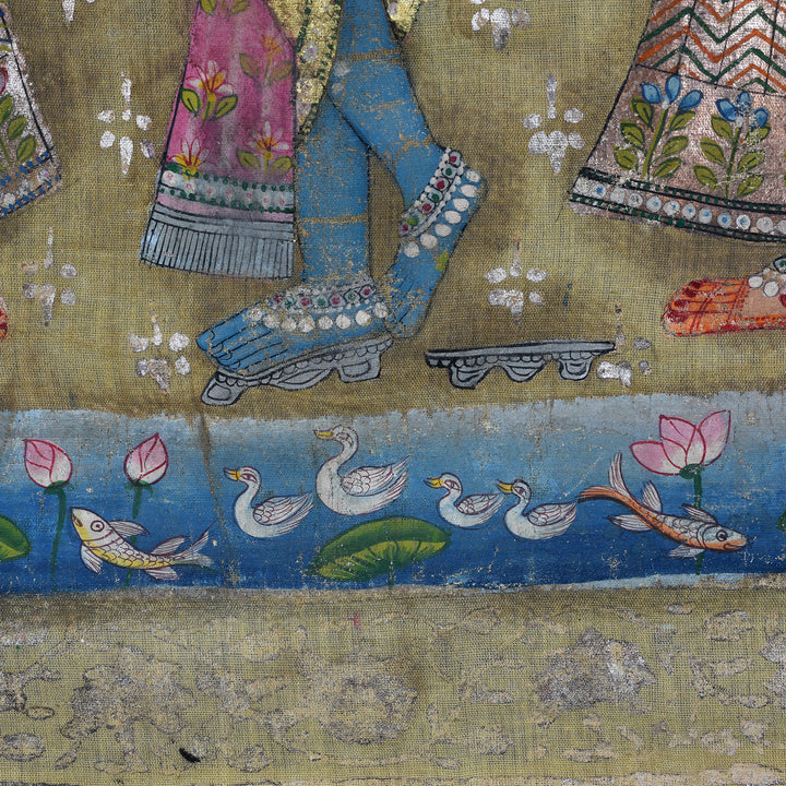 Water Scene Detail From Pichwai Painting Krishna With Gopis Polychrome Gold And Silver Leaf Deccan 1980s