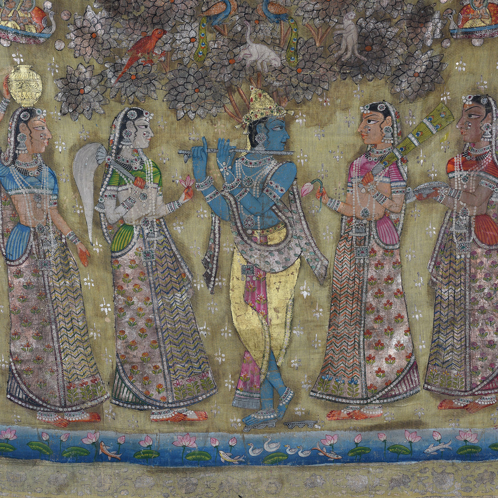 Detail From Centre Of Pichwai Painting Krishna With Gopis Polychrome Gold And Silver Leaf Deccan 1980s