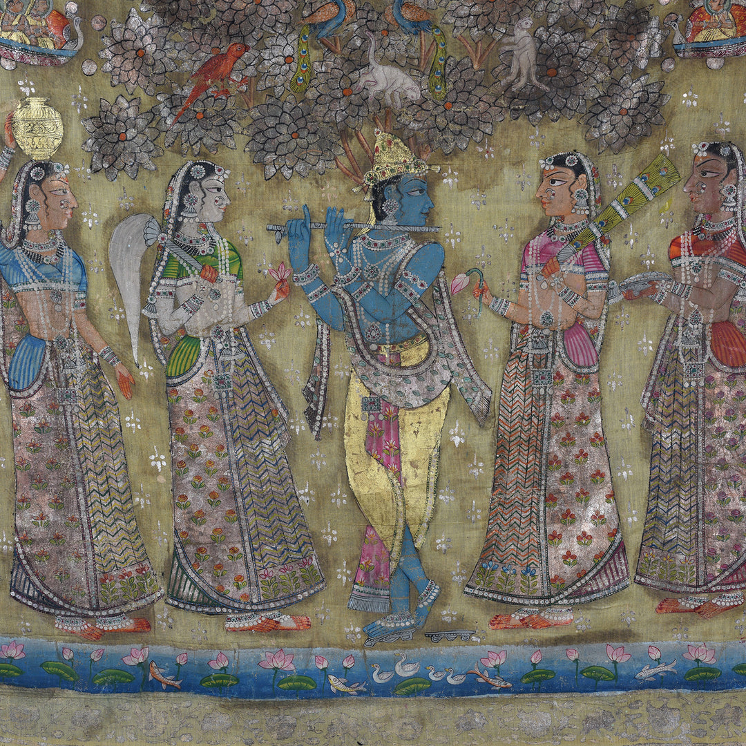 Detail From Centre Of Pichwai Painting Krishna With Gopis Polychrome Gold And Silver Leaf Deccan 1980s
