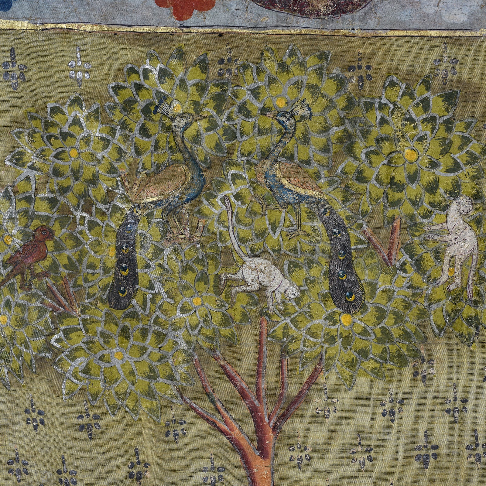 Peacock And Monkey Detail From Polychrome Gold And Silver Leaf Deccan Pichwai With Krishna And Gopis From The 1980s