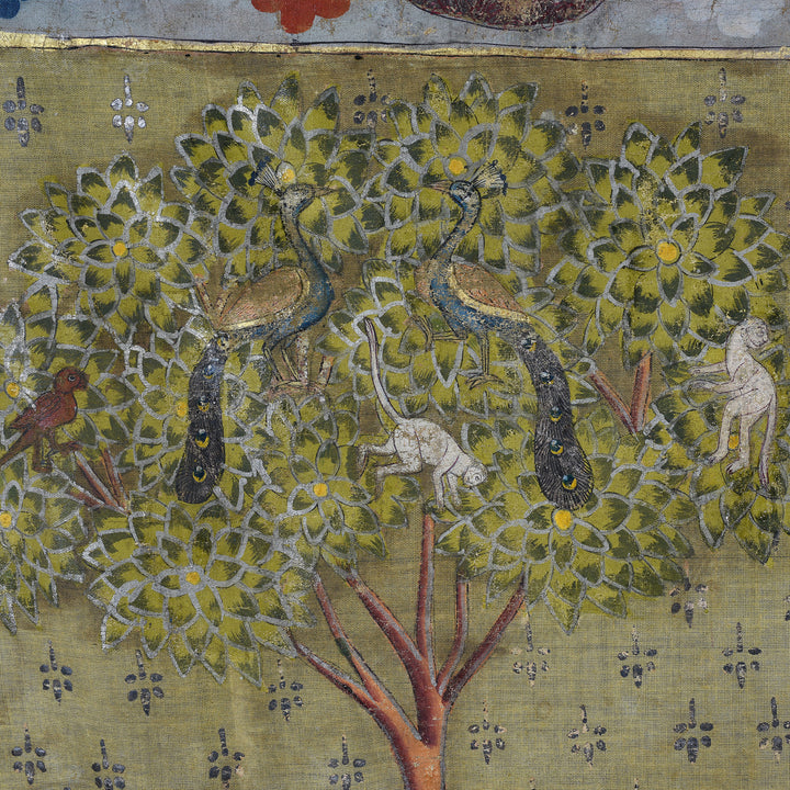 Peacock And Monkey Detail From Polychrome Gold And Silver Leaf Deccan Pichwai With Krishna And Gopis From The 1980s