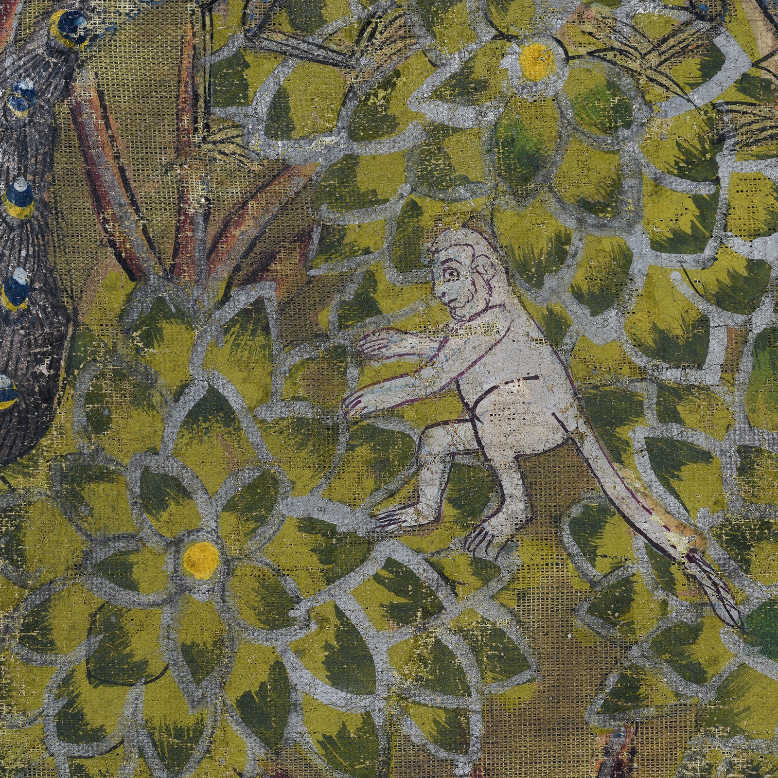 Monkey Detail From Polychrome Gold And Silver Leaf Deccan Pichwai With Krishna And Gopis From The 1980s