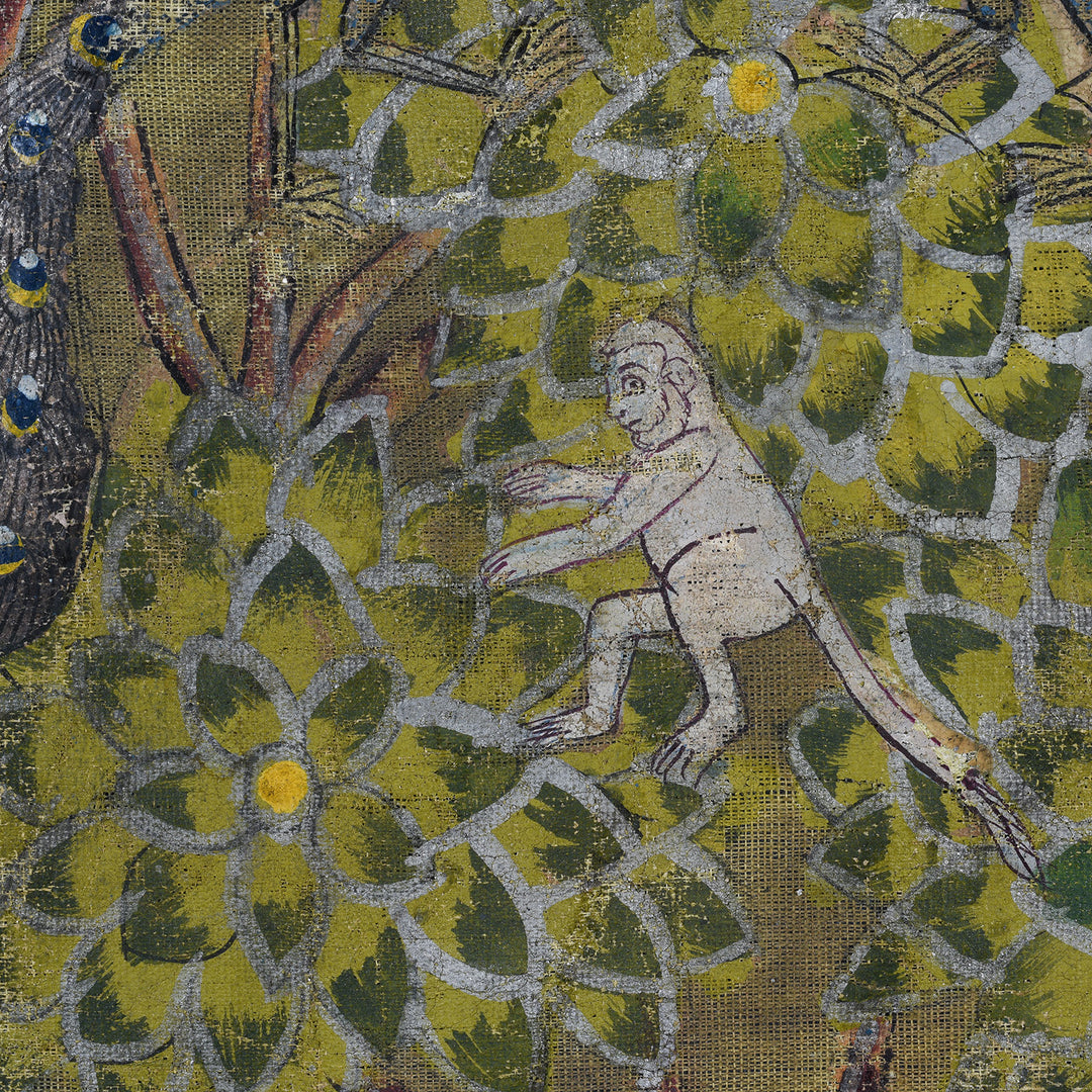 Monkey Detail From Polychrome Gold And Silver Leaf Deccan Pichwai With Krishna And Gopis From The 1980s