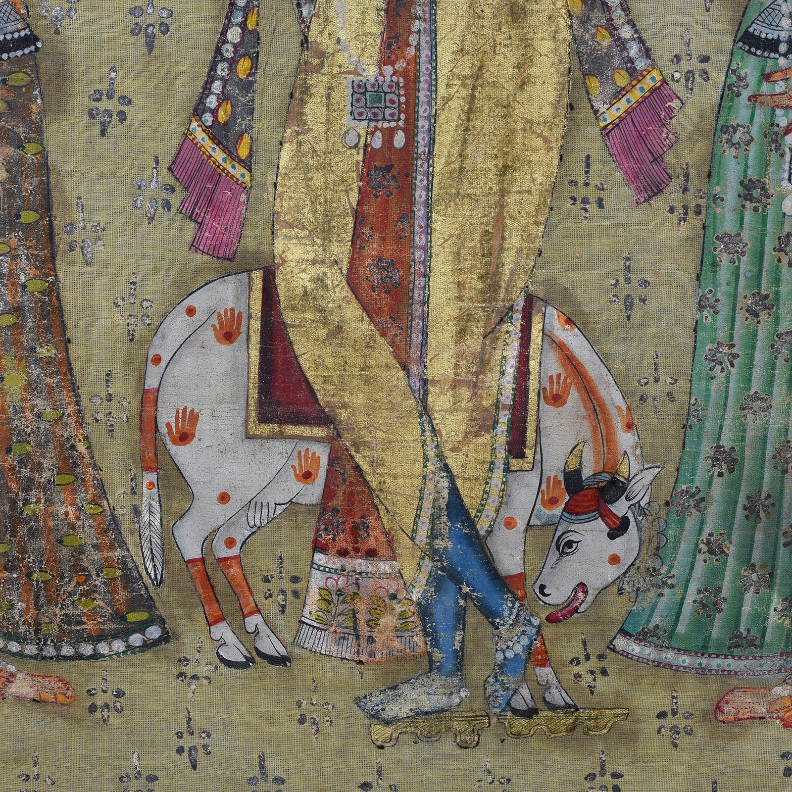 Nandi Bull Detail From Polychrome Gold And Silver Leaf Deccan Pichwai With Krishna And Gopis From The 1980s