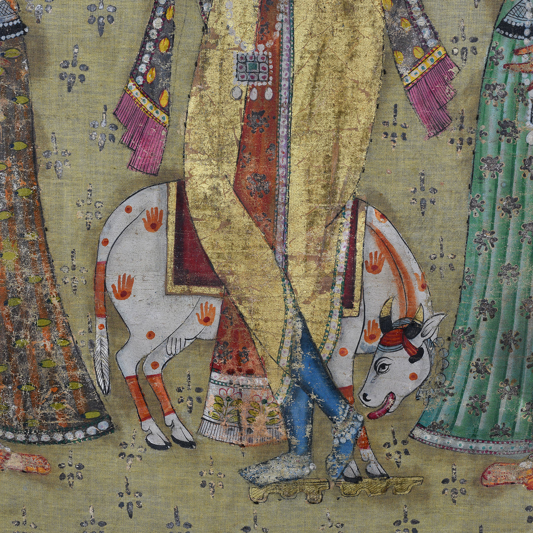 Nandi Bull Detail From Polychrome Gold And Silver Leaf Deccan Pichwai With Krishna And Gopis From The 1980s