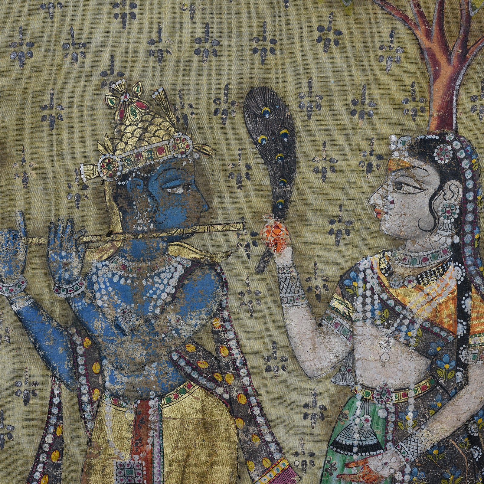 Detail From Polychrome Gold And Silver Leaf Deccan Pichwai With Krishna And Gopis From The 1980s