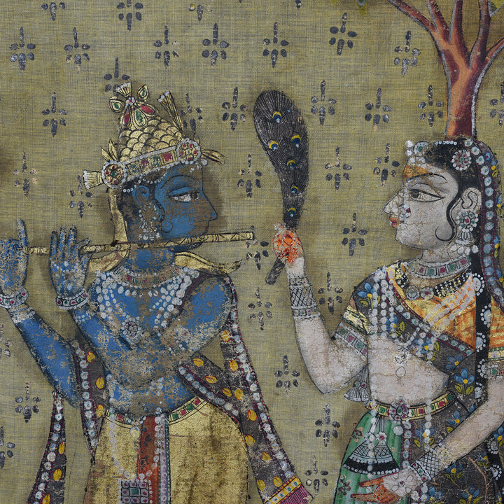 Detail From Polychrome Gold And Silver Leaf Deccan Pichwai With Krishna And Gopis From The 1980s