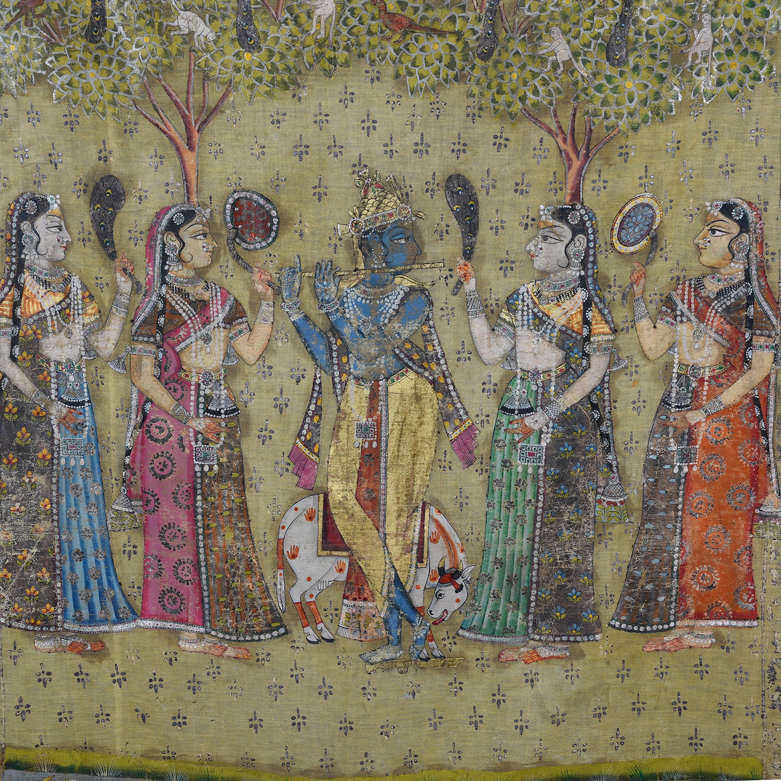Detail From Polychrome Gold And Silver Leaf Deccan Pichwai With Krishna And Gopis From The 1980s