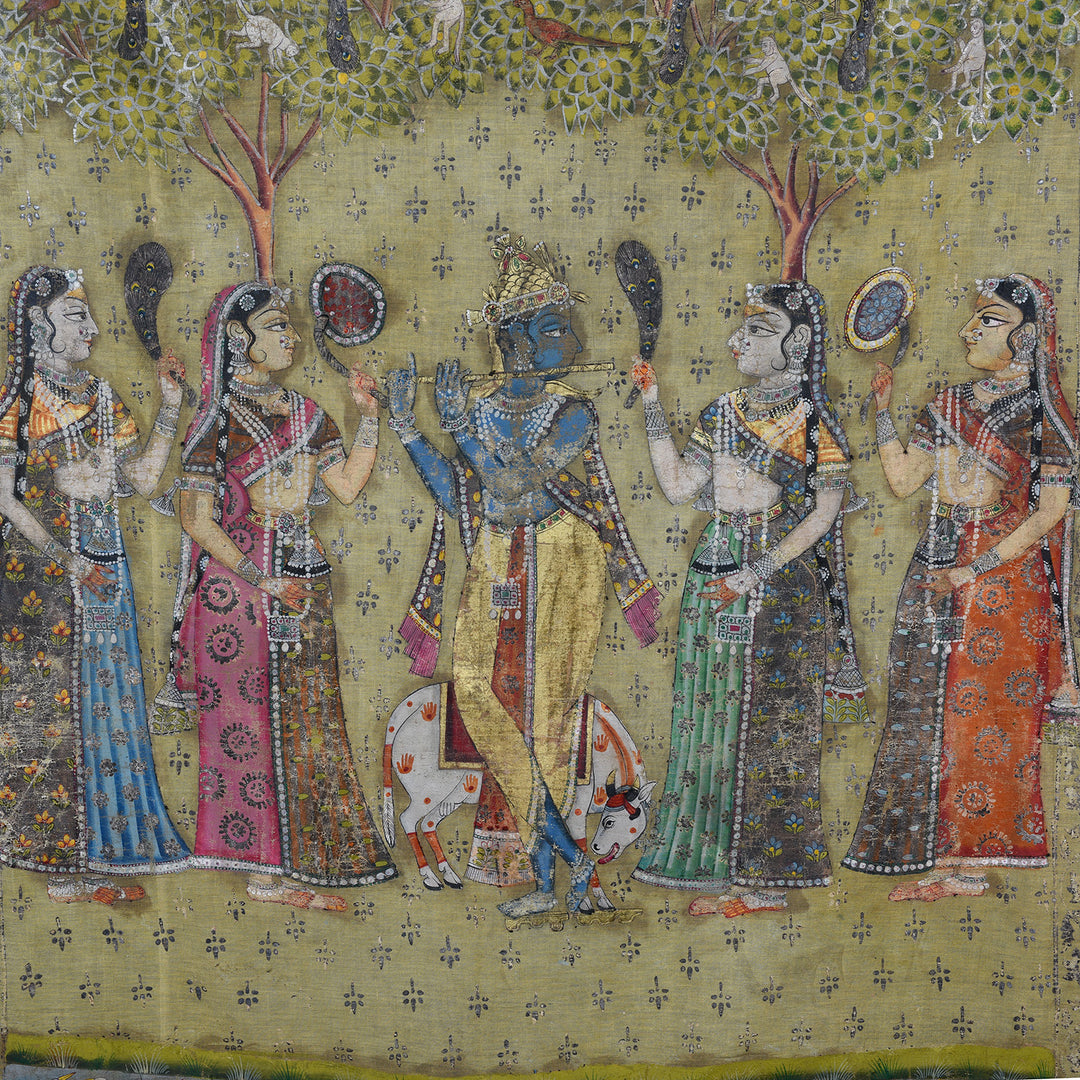 Detail From Polychrome Gold And Silver Leaf Deccan Pichwai With Krishna And Gopis From The 1980s